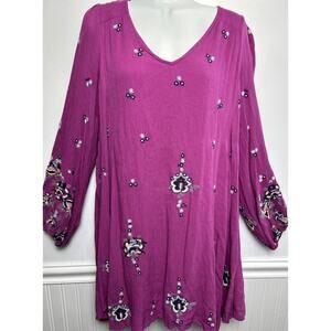 Free People Emma Swing Dress Small Pink Embroidered Floral Short L/S Boho